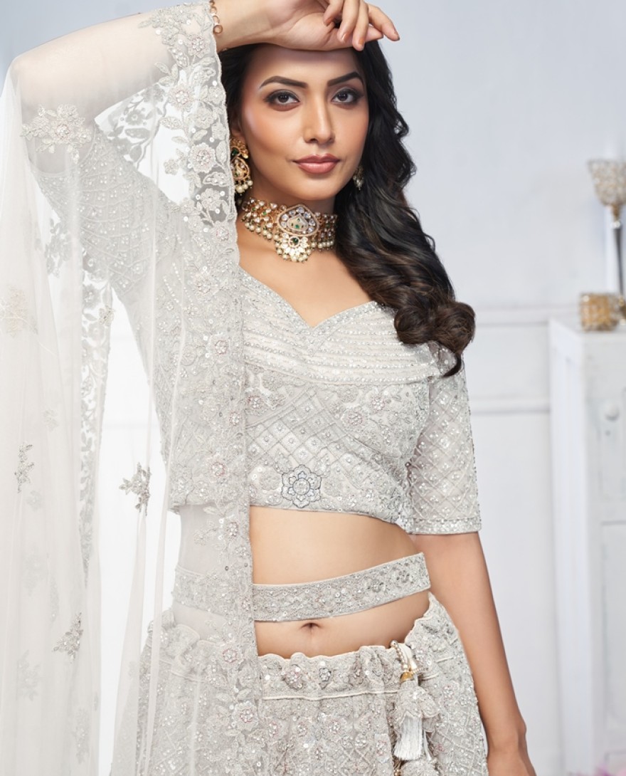 01WHITE - White Designer Embroidered Bridal Wear Lehenga Choli